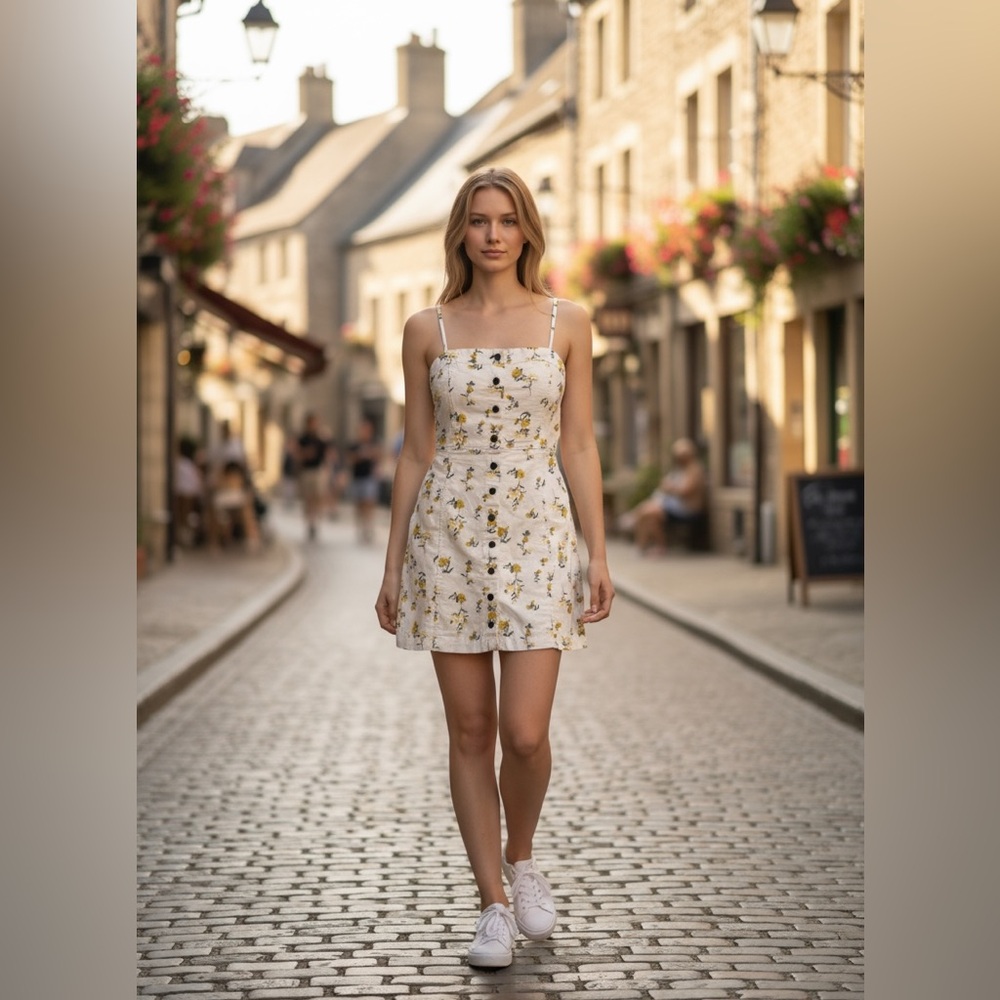 White Button-Front Mini Dress w/ Yellow Floral Print – Spaghetti Strap 🌼